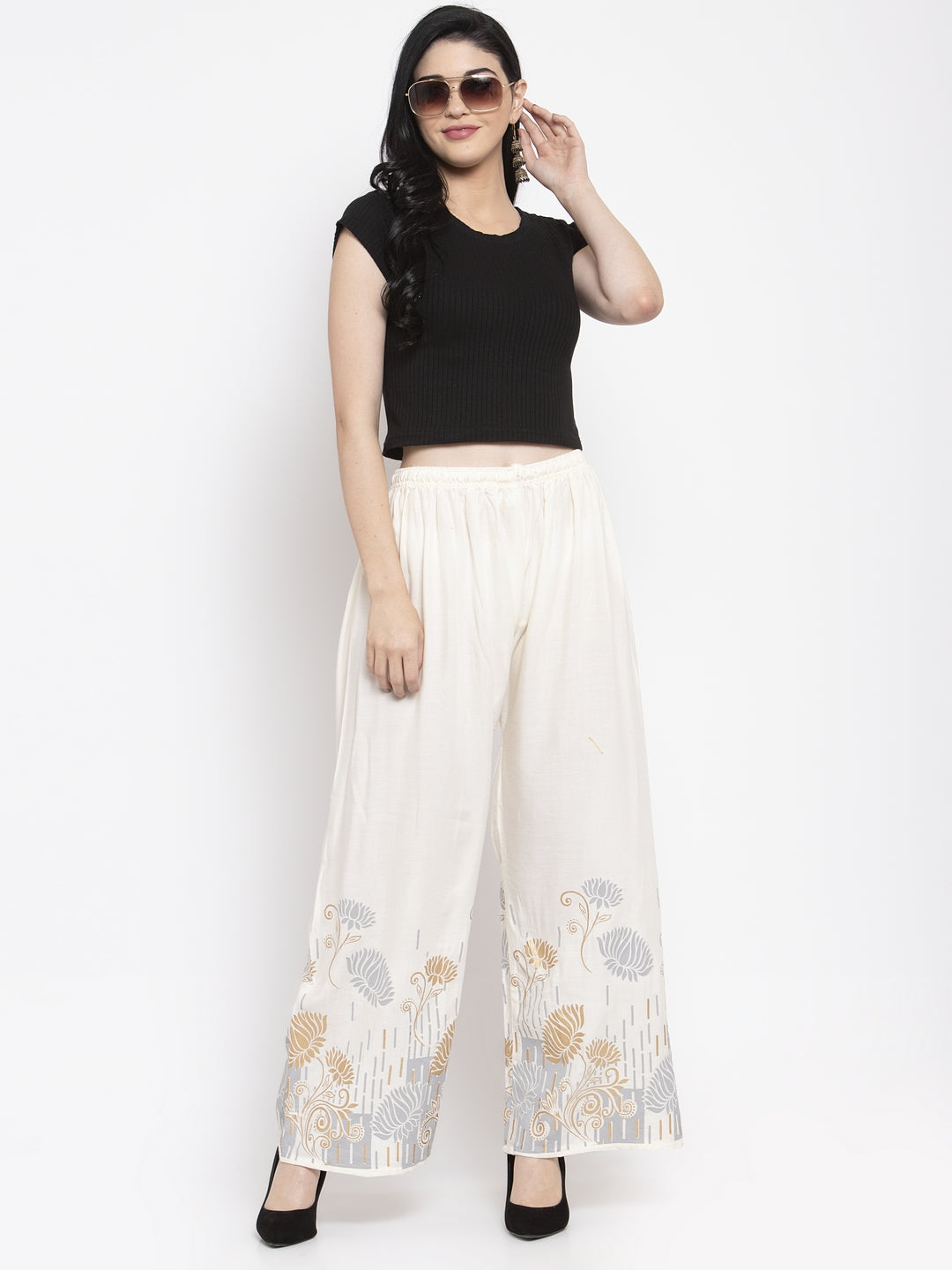 Women's Cream Printed Rayon Palazzo