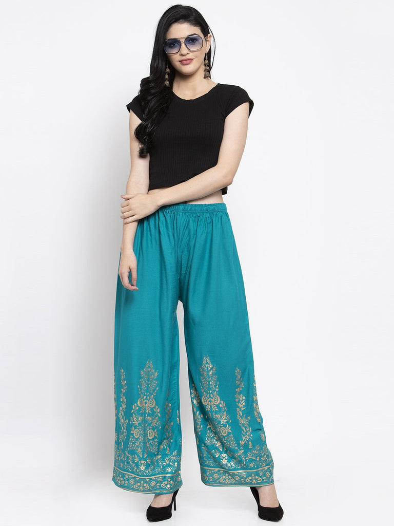 Women's Turquoise Straight Printed Rayon Palazzo