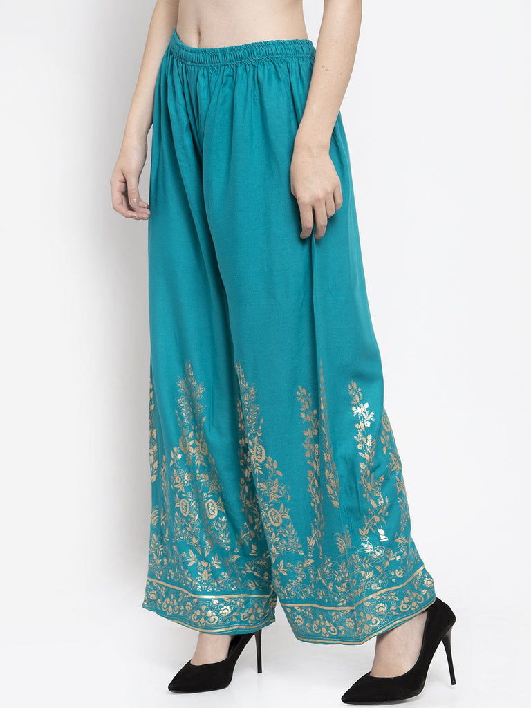 Women's Turquoise Straight Printed Rayon Palazzo