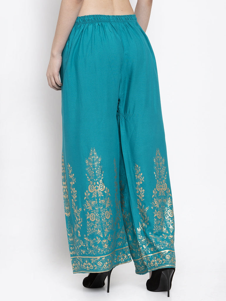 Women's Turquoise Straight Printed Rayon Palazzo