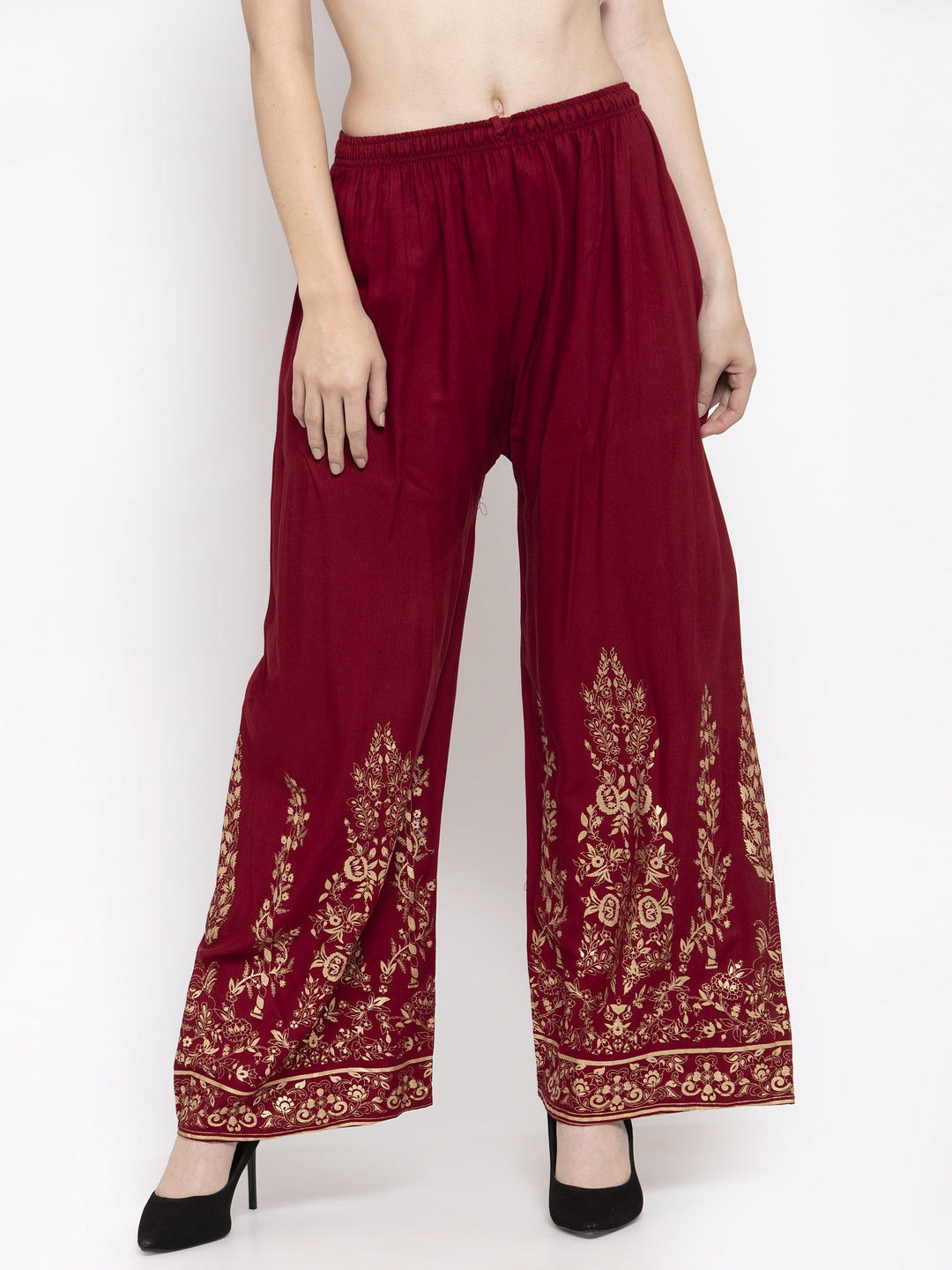 Women's Maroon Straight Printed Rayon Palazzo
