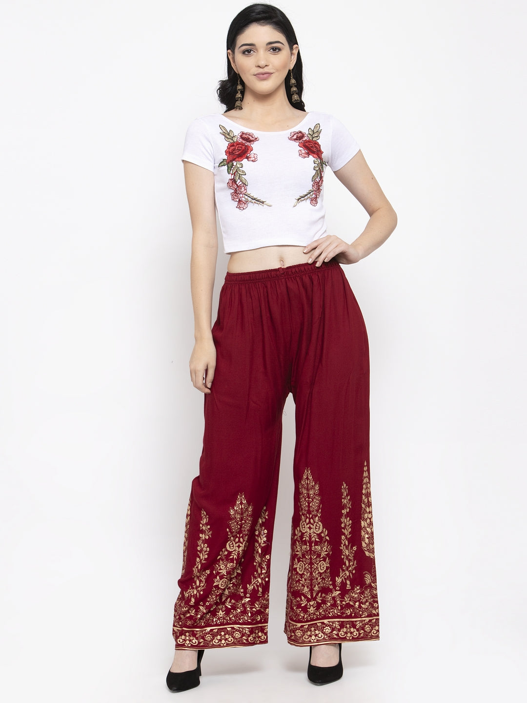 Women's Maroon Straight Printed Rayon Palazzo