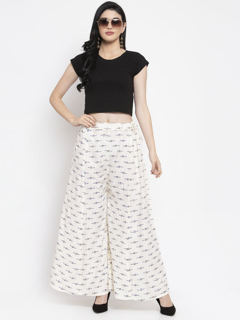 Women's Cream Flared Printed Rayon Sharara