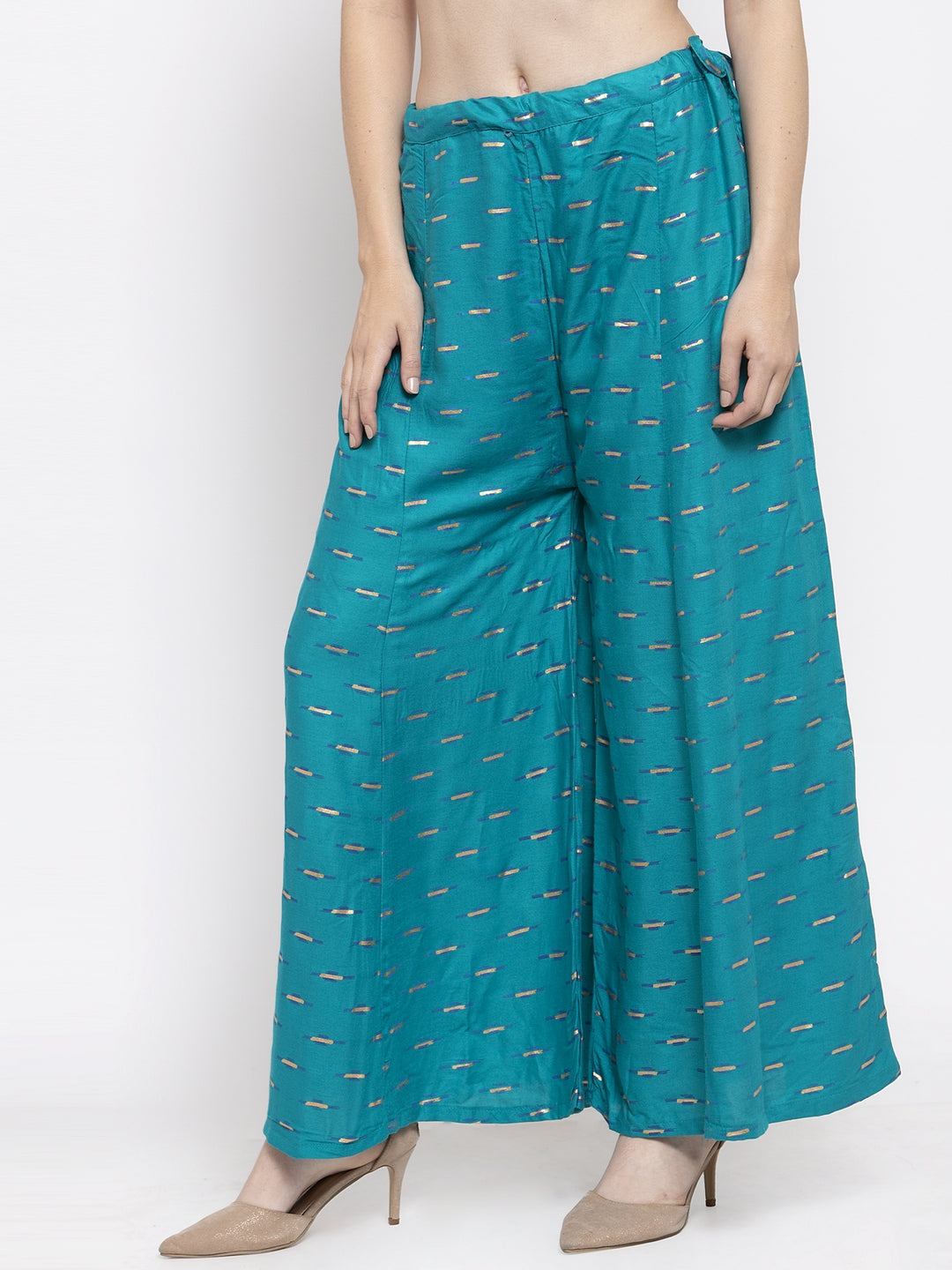 Women's Turquoise Flared Printed Rayon Sharara - Wahe-NOOR