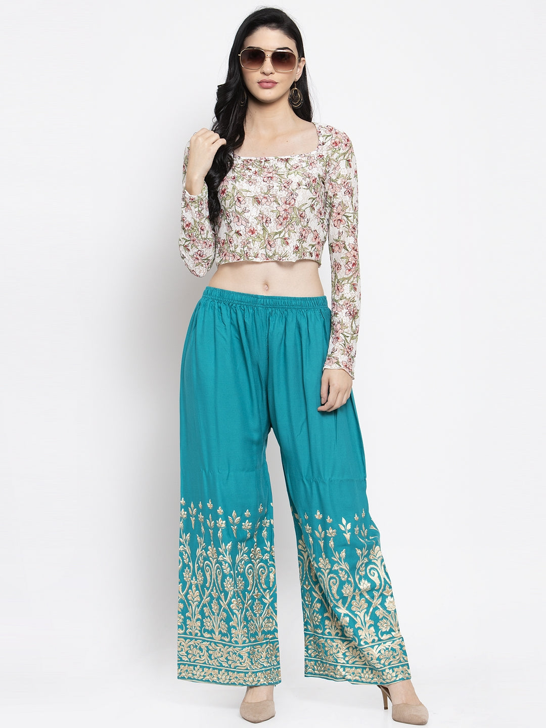 Women's Turquoise Rayon Printed Palazzo