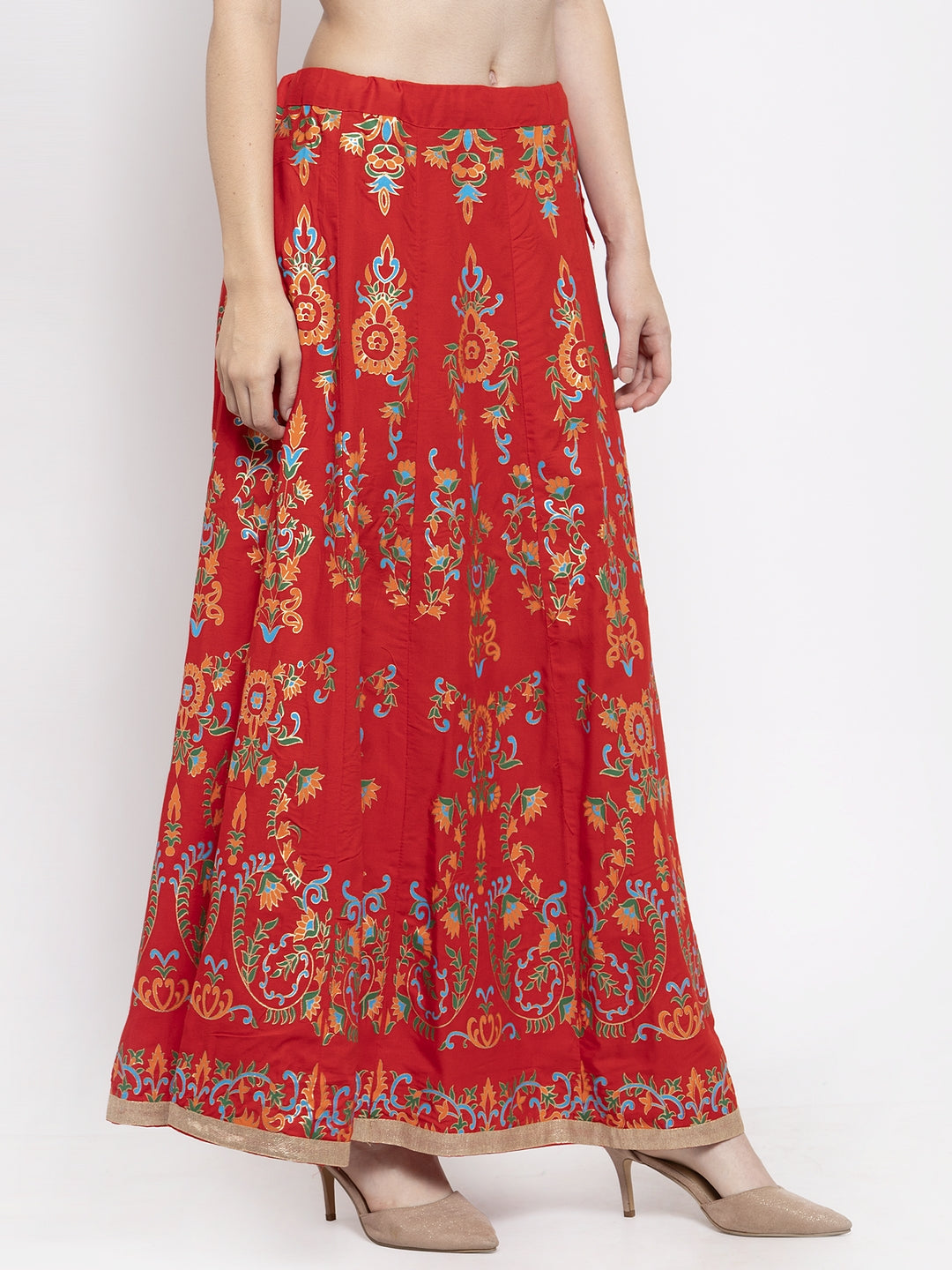 Women's Red Printed Flared Rayon Maxi Skirt - Wahe-NOOR