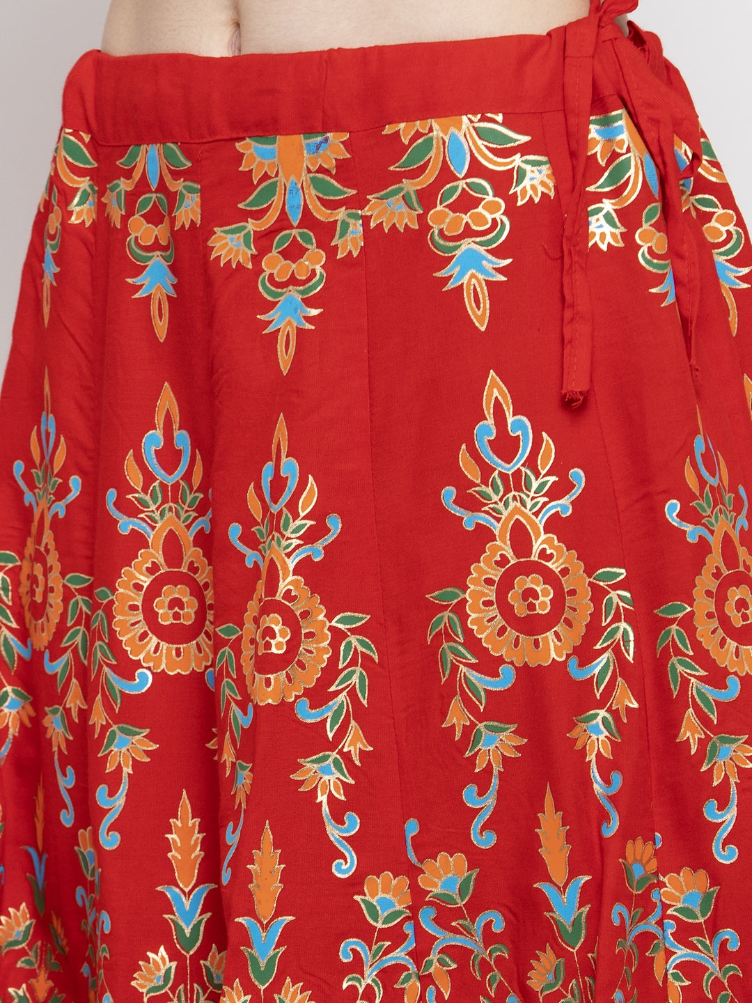Women's Red Printed Flared Rayon Maxi Skirt - Wahe-NOOR