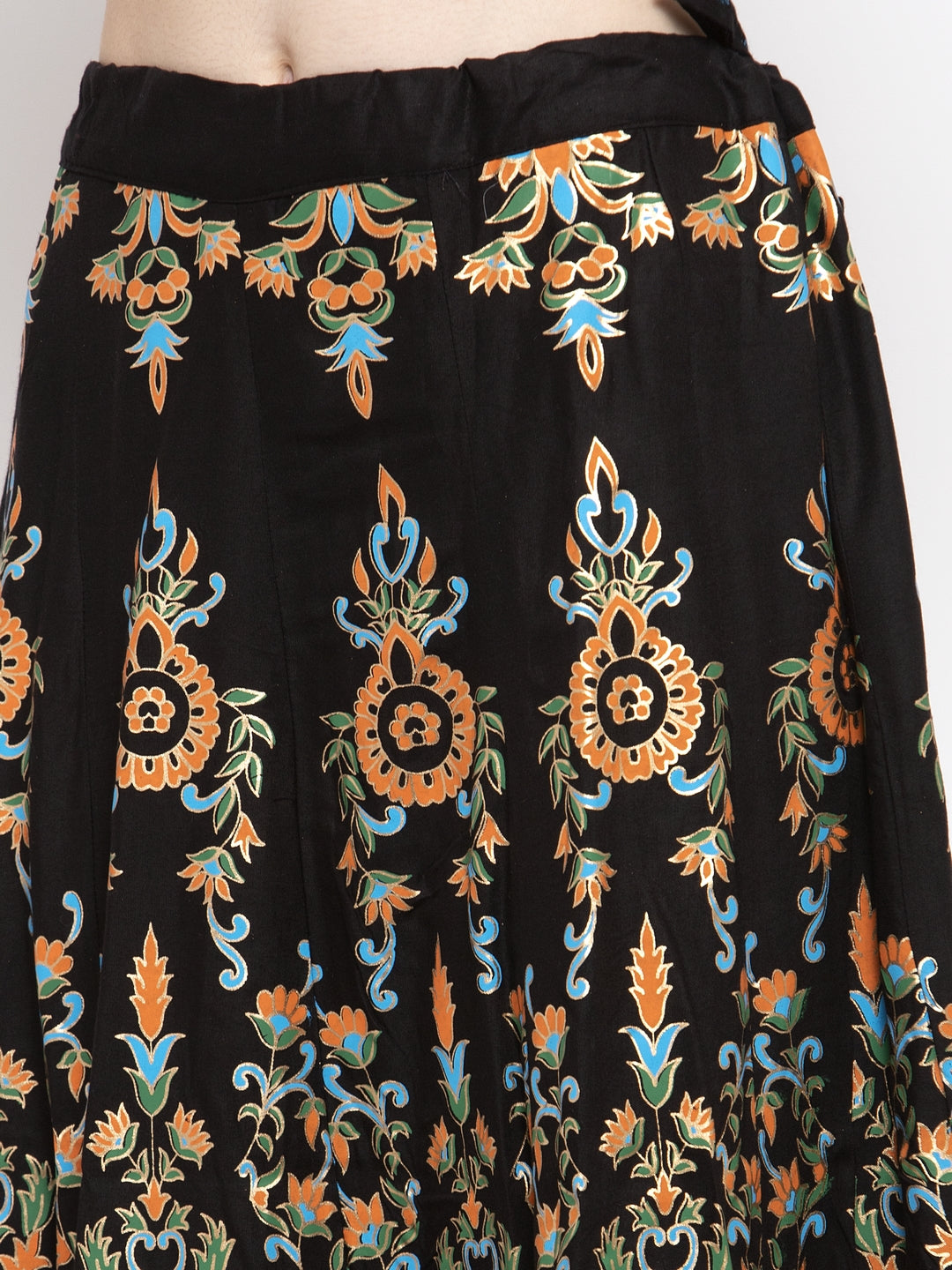 Women's Black Printed Flared Rayon Maxi Skirt - Wahe-NOOR