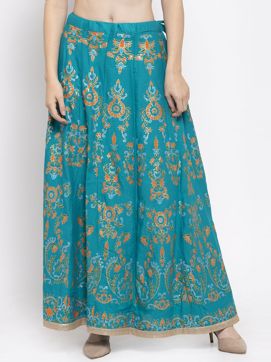 Women's Turquoise Printed Flared Rayon Maxi Skirt - Wahe-NOOR