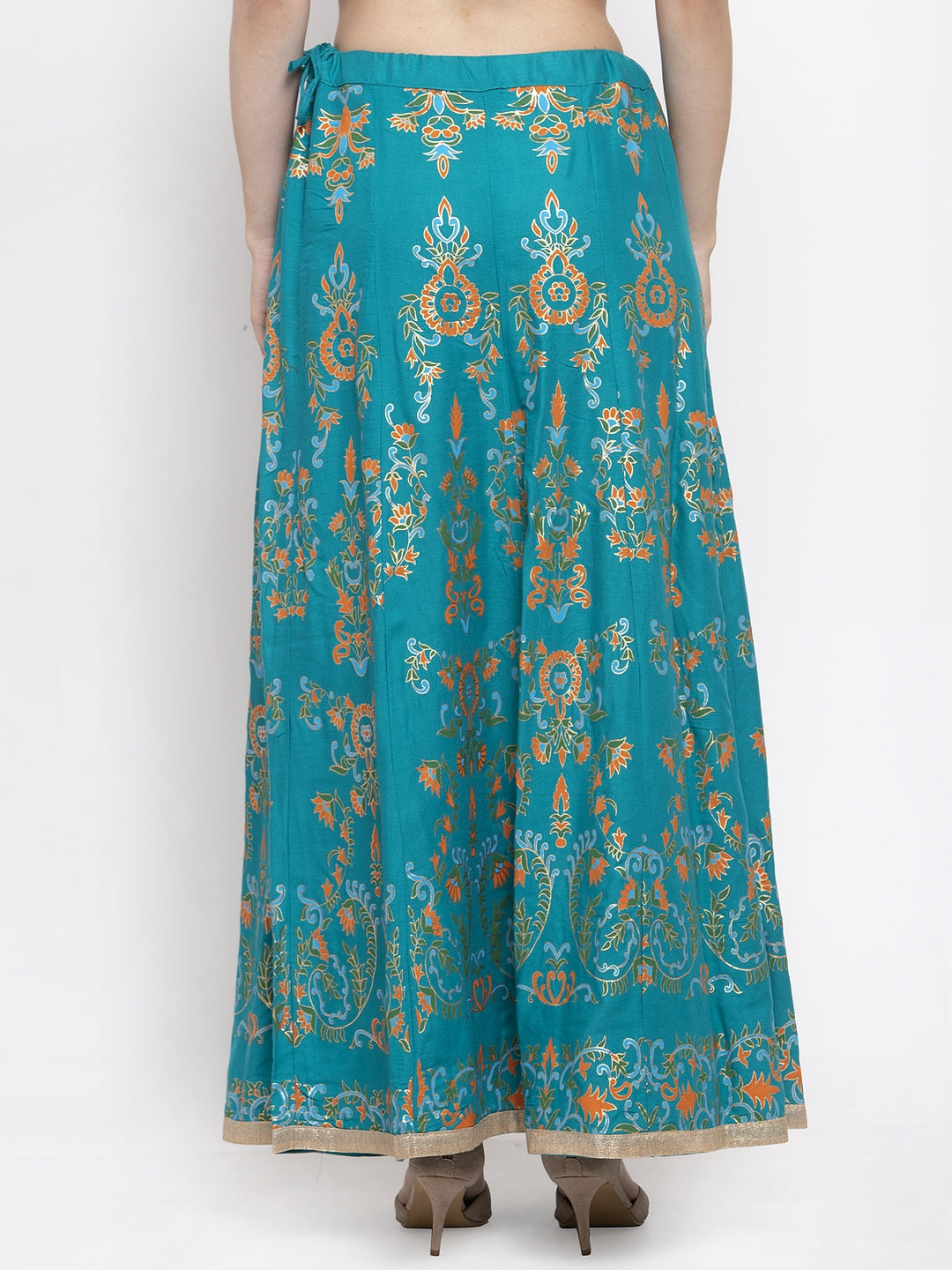 Women's Turquoise Printed Flared Rayon Maxi Skirt - Wahe-NOOR