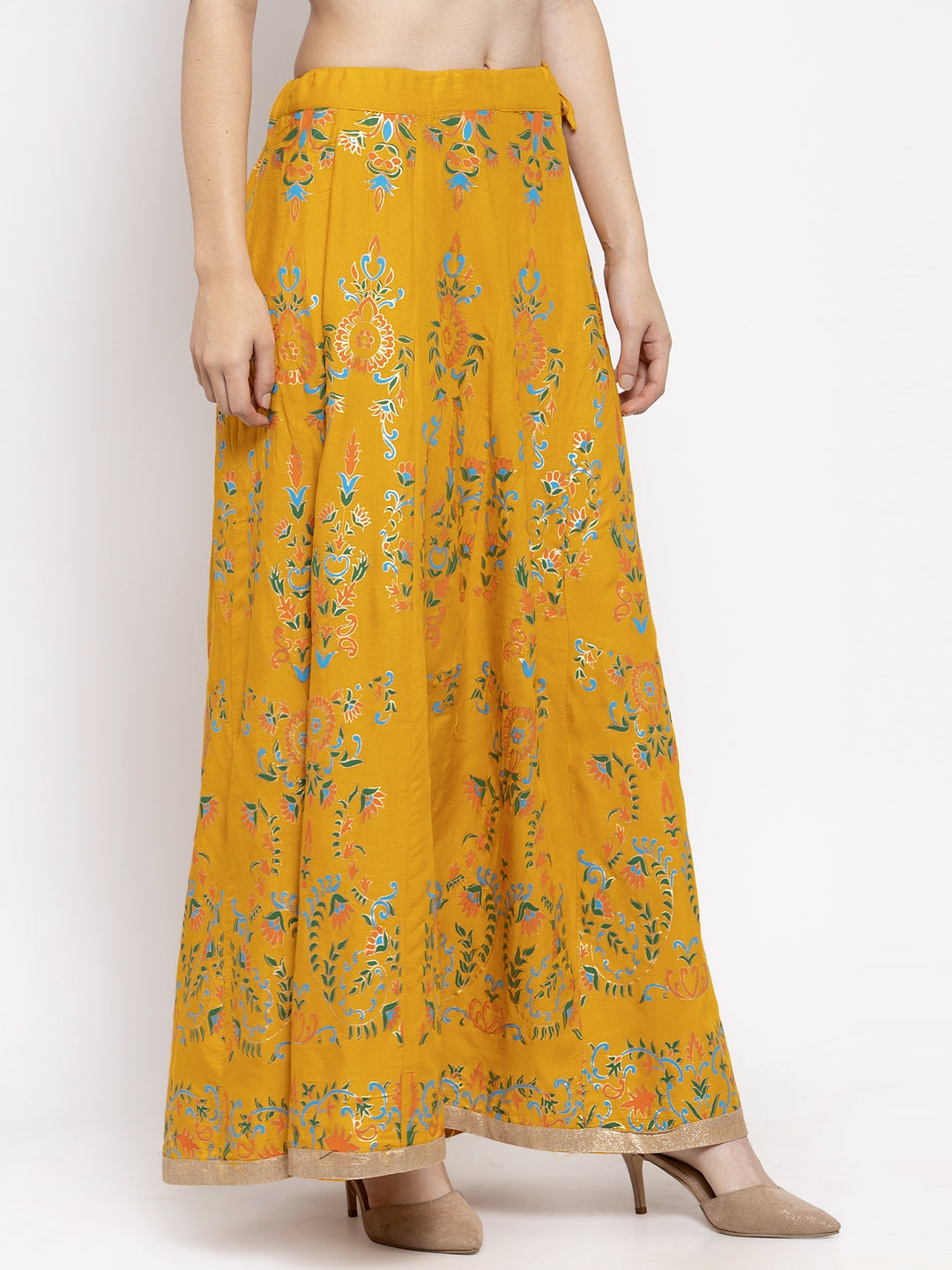 Women's Mustard Printed Flared Rayon Maxi Skirt - Wahe-NOOR