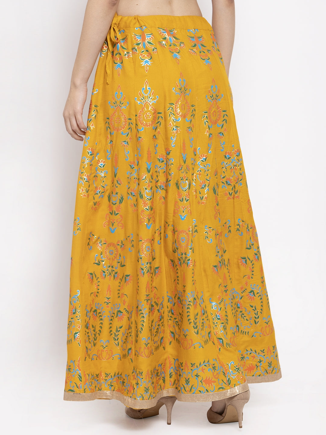 Women's Mustard Printed Flared Rayon Maxi Skirt - Wahe-NOOR