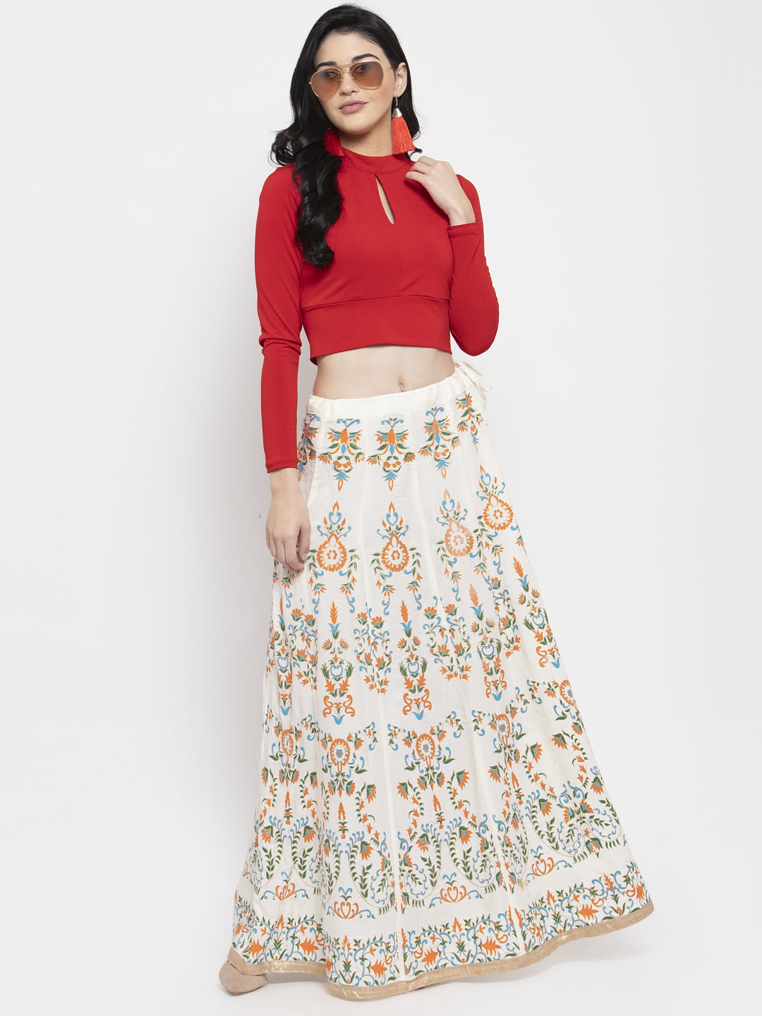 Women's Cream Printed Flared Rayon Maxi Skirt - Wahe-NOOR