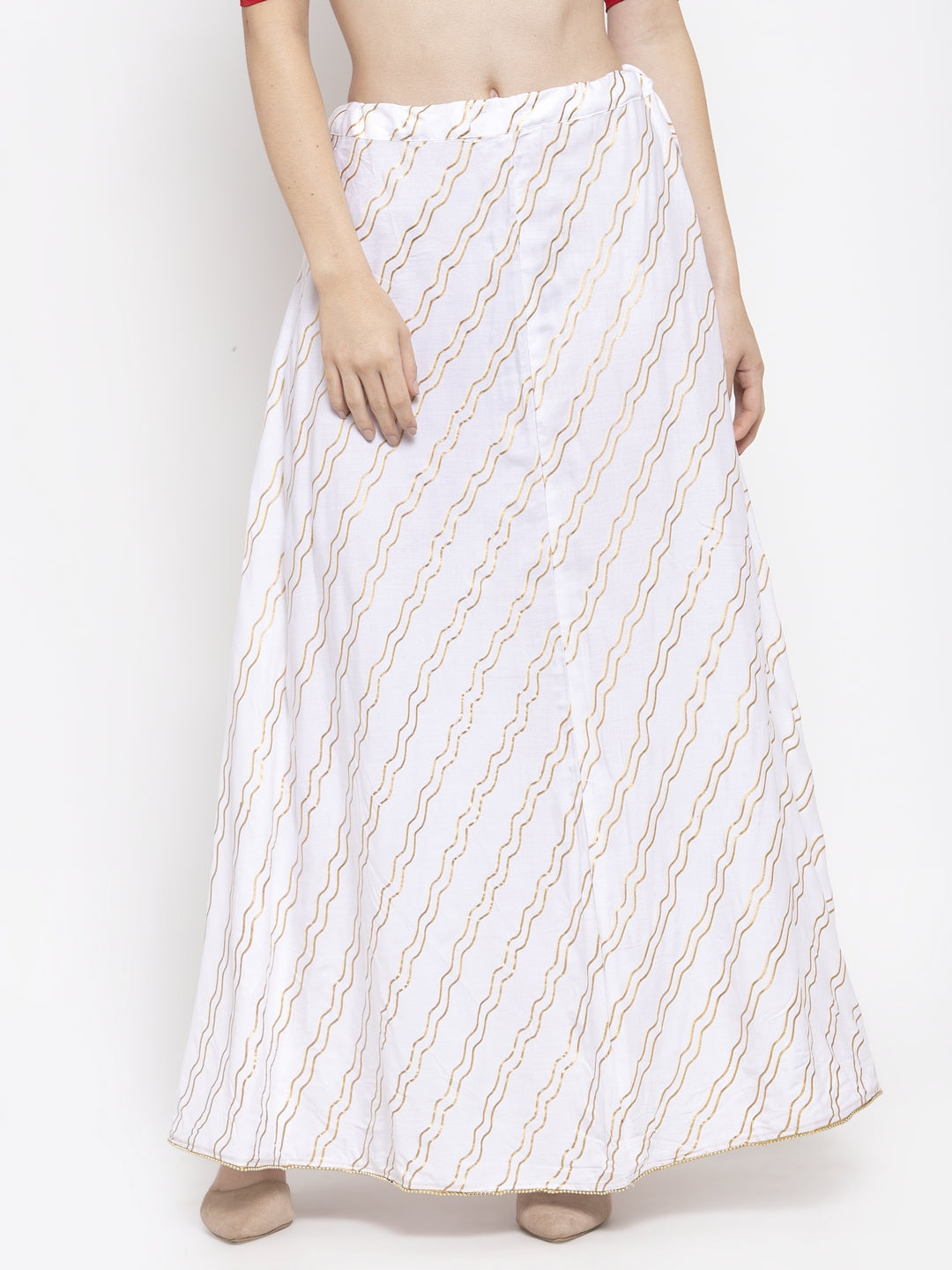 Women's White Printed Flared Rayon Maxi Skirt - Wahe-NOOR