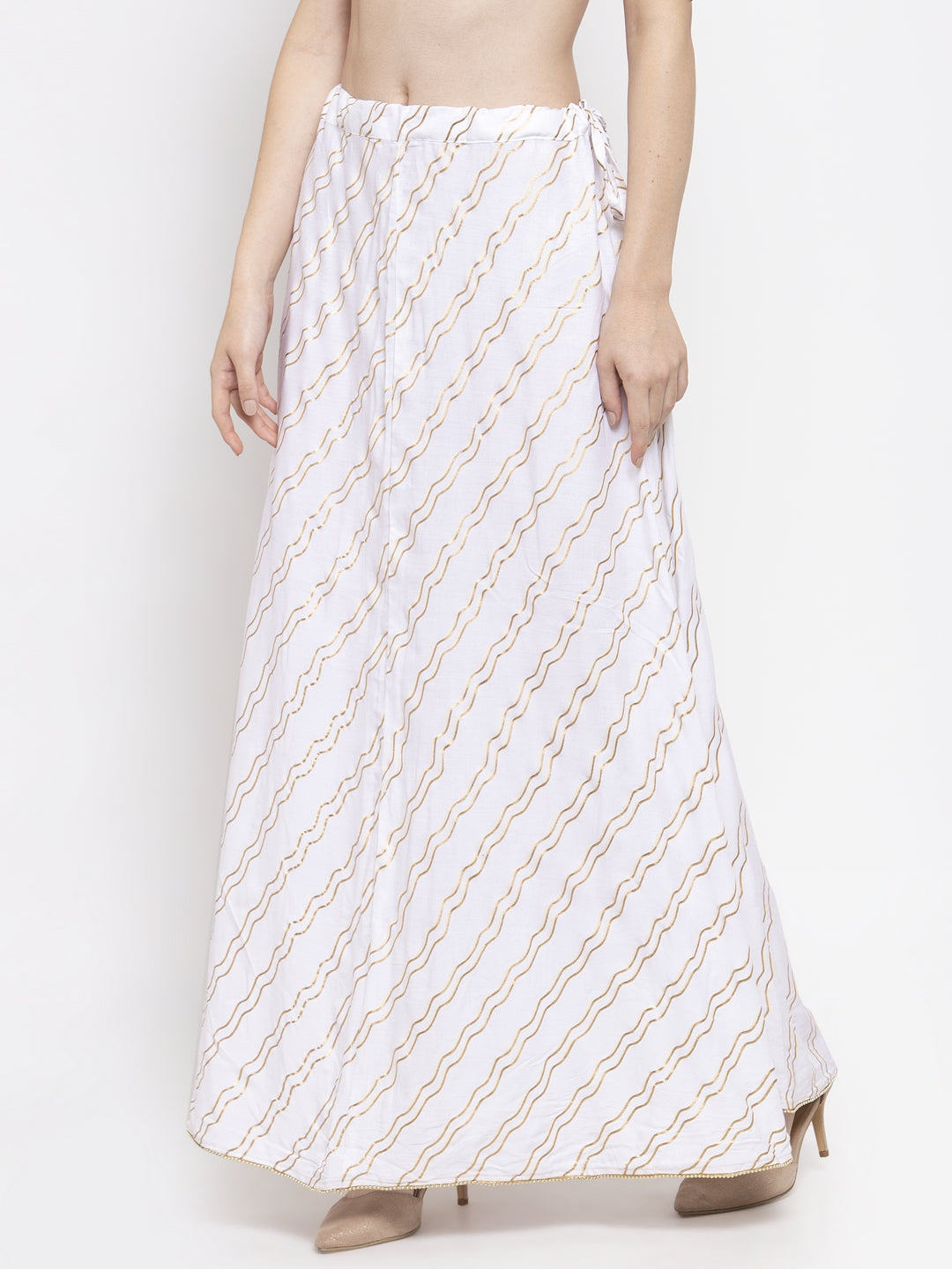 Women's White Printed Flared Rayon Maxi Skirt - Wahe-NOOR