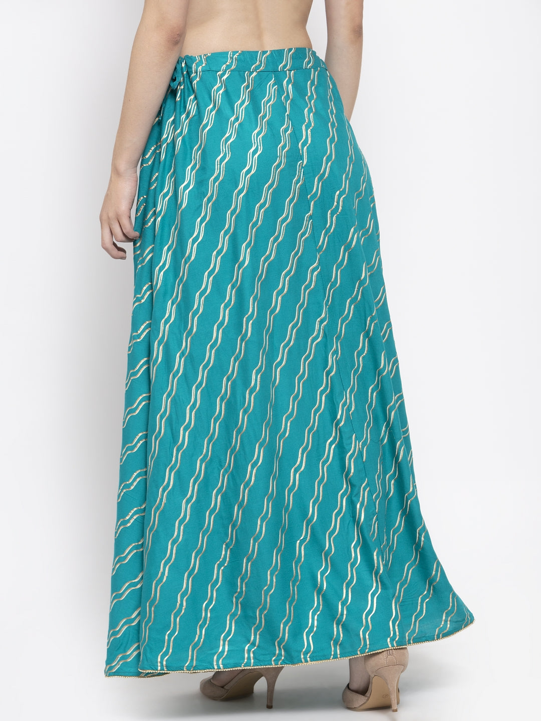 Women's Turquoise Printed Flared Rayon Skirt - Wahe-NOOR