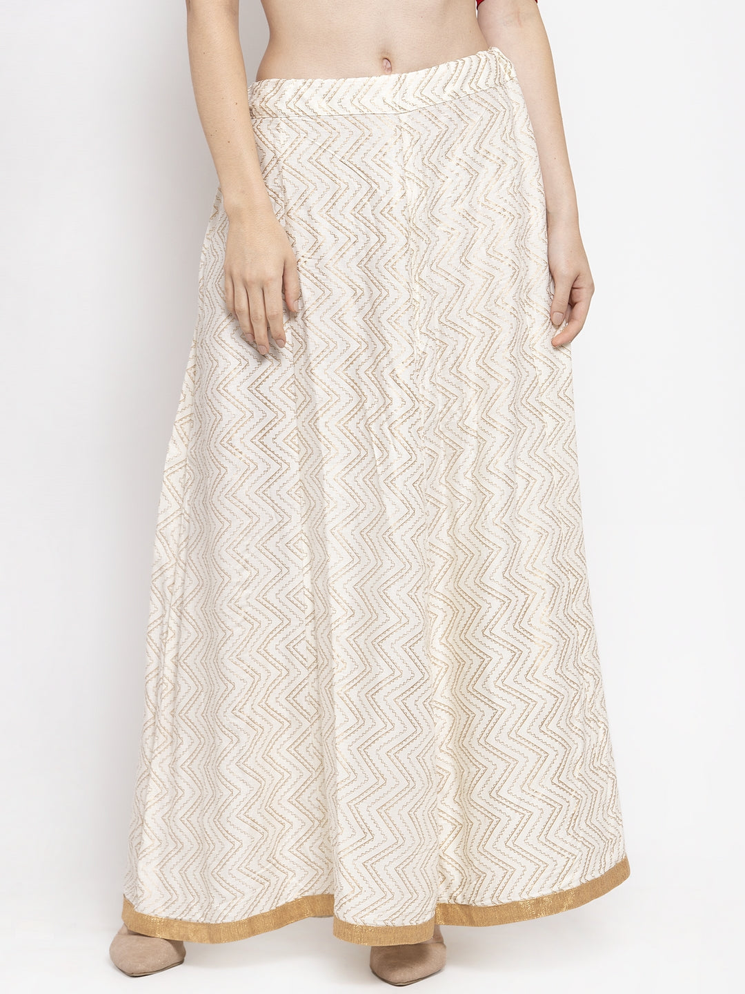 Women's Off-White Zigzag Printed Flared Maxi Skirt - Wahe-NOOR
