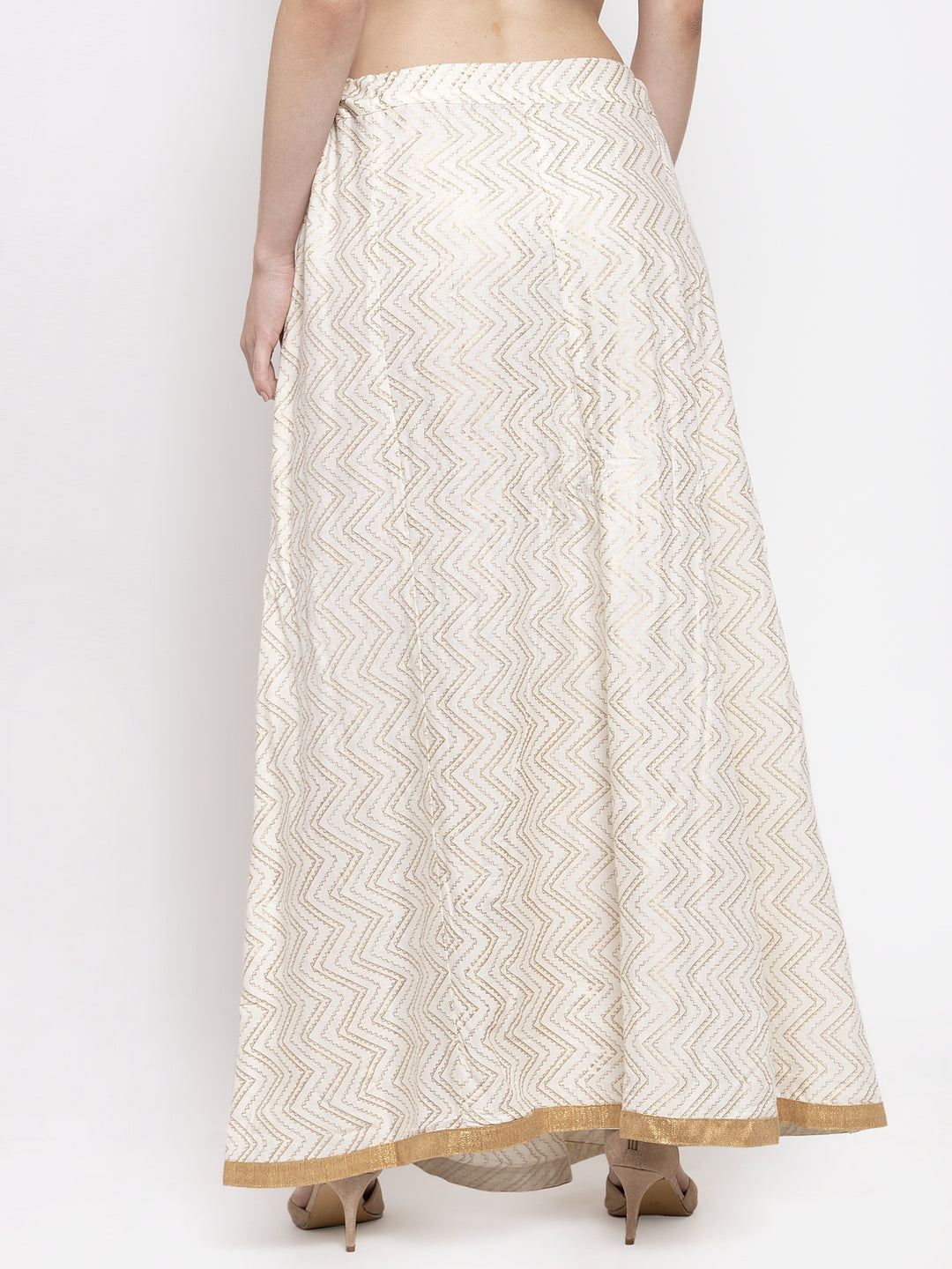 Women's Off-White Zigzag Printed Flared Maxi Skirt - Wahe-NOOR