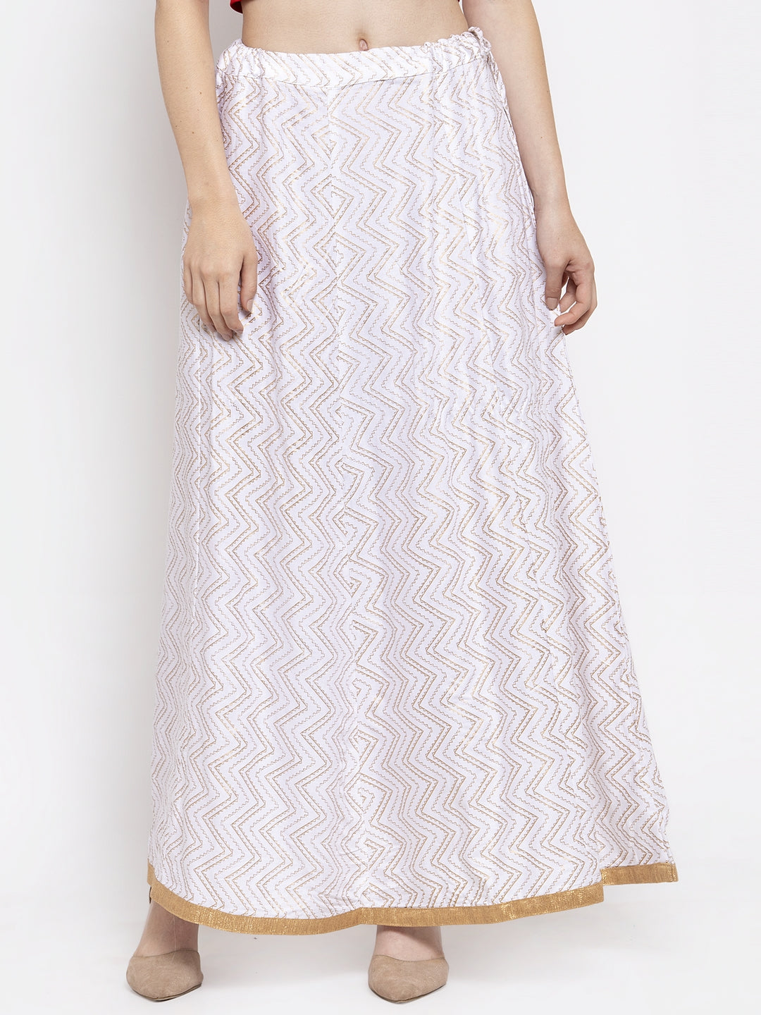 Women's White Zigzag Printed Flared Maxi Skirt - Wahe-NOOR