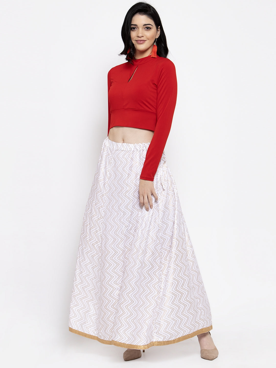 Women's White Zigzag Printed Flared Maxi Skirt - Wahe-NOOR