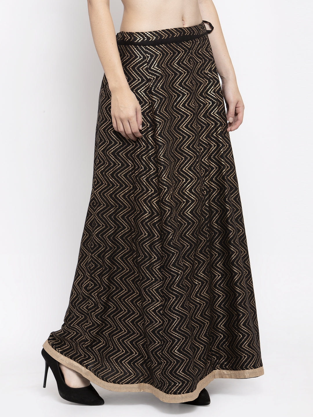 Women's Black Zigzag Printed Flared Maxi Skirt - Wahe-NOOR