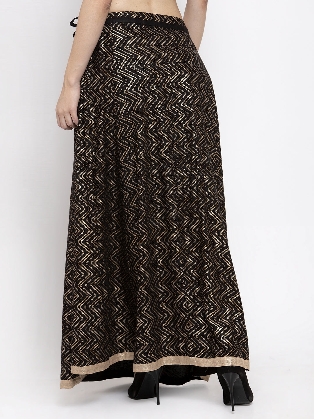Women's Black Zigzag Printed Flared Maxi Skirt - Wahe-NOOR