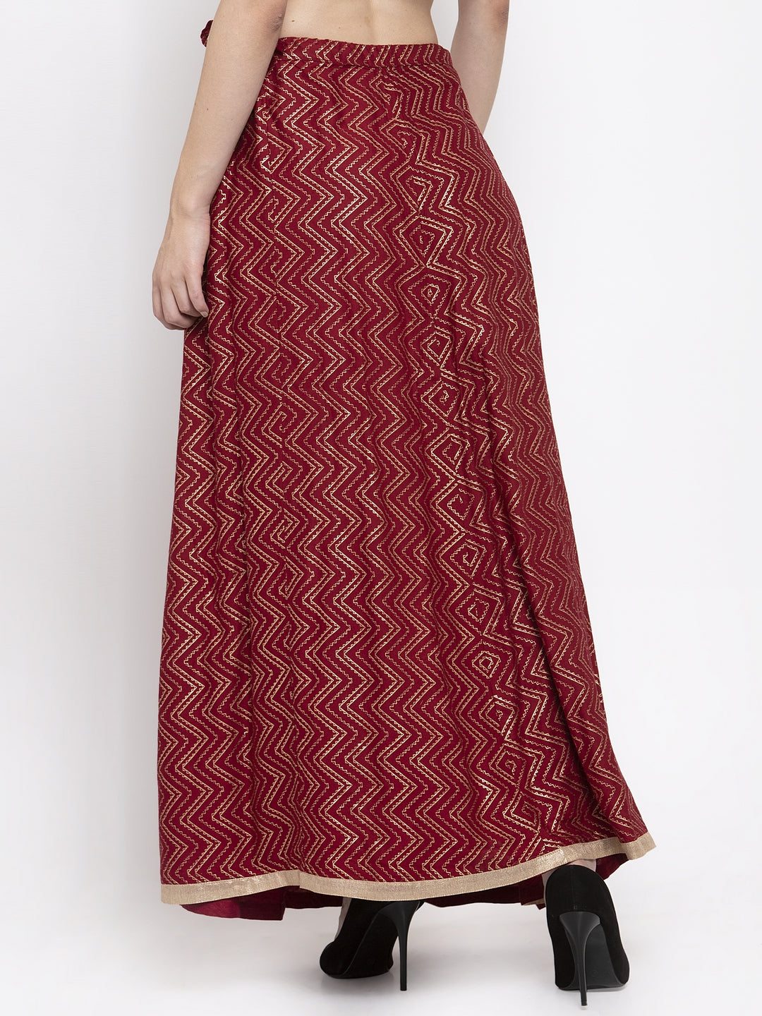 Women's Maroon Zigzag Printed Flared Maxi Skirt - Wahe-NOOR