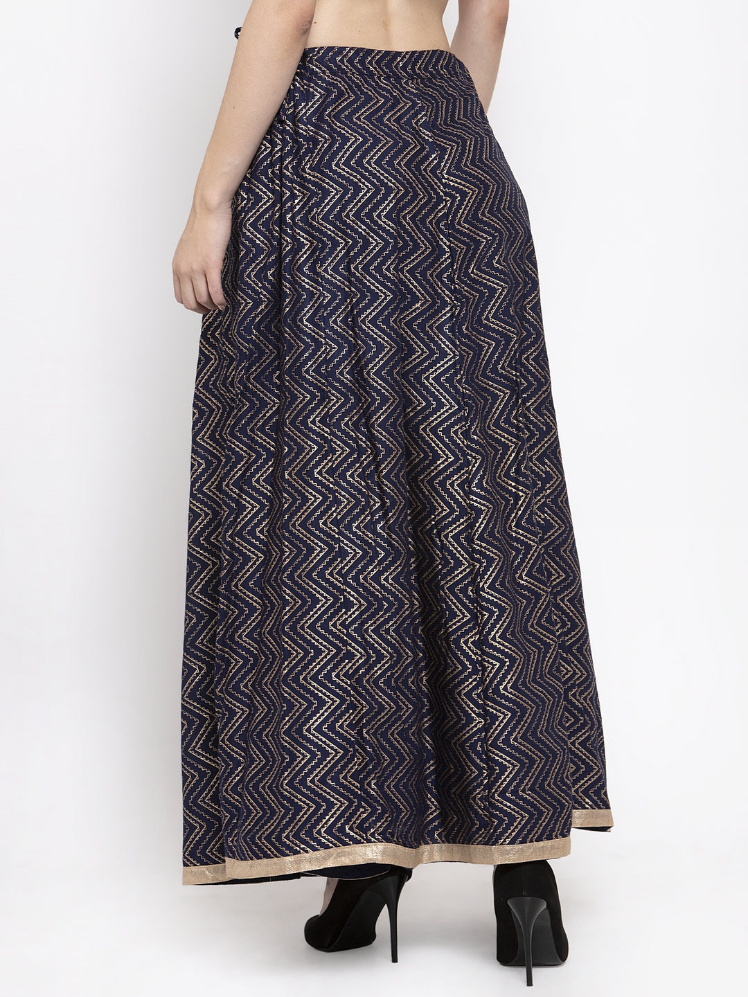 Women's Navy Blue Zigzag Printed Flared Maxi Skirt - Wahe-NOOR