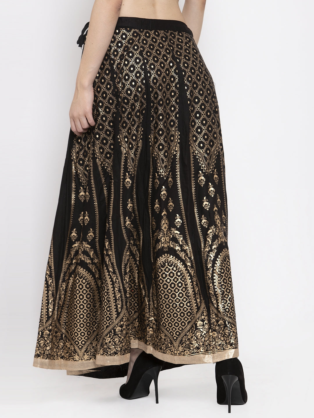 Women's Black Printed Flared Rayon Skirt - Wahe-NOOR