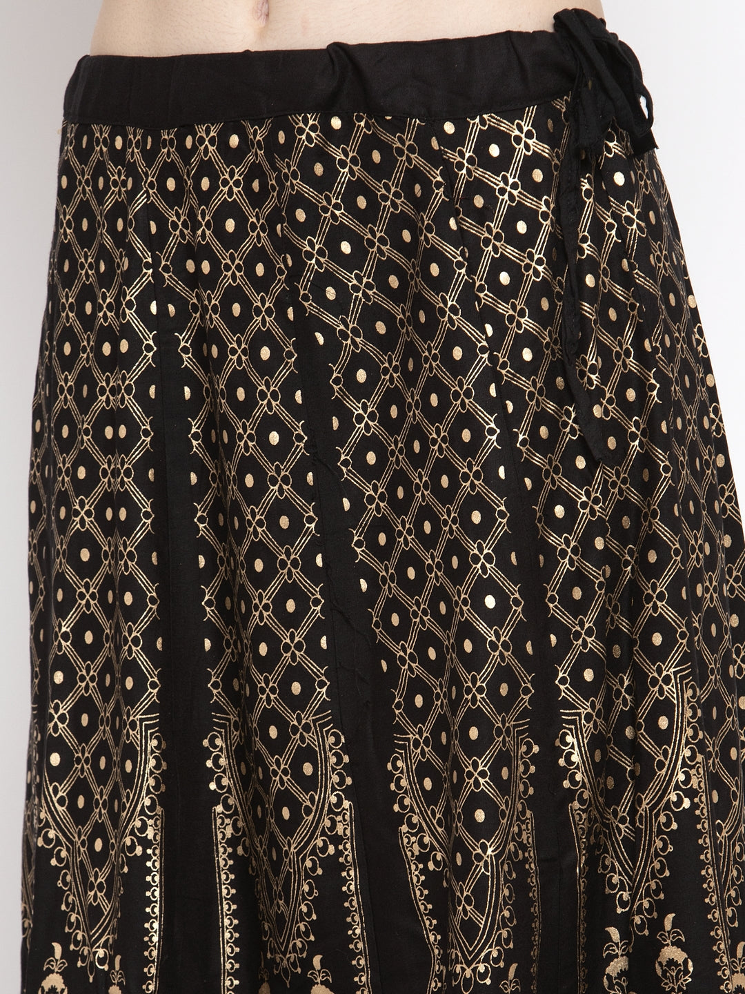 Women's Black Printed Flared Rayon Skirt - Wahe-NOOR