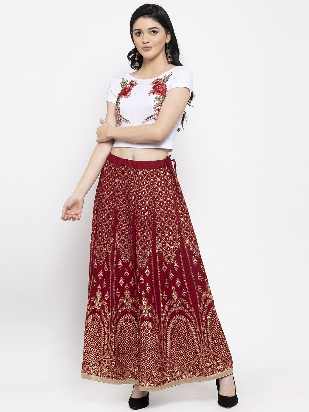 Women's Maroon Printed Flared Rayon Skirt - Wahe-NOOR