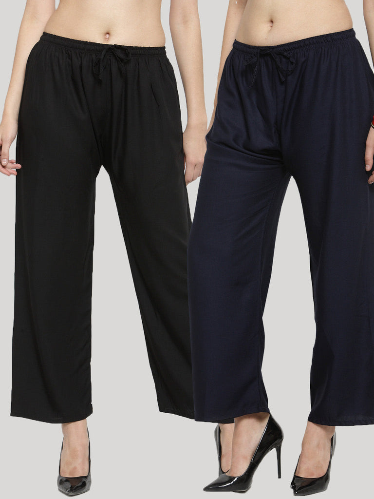 Women's Solid Black & Navy Blue Rayon Palazzo (Pack Of 2)