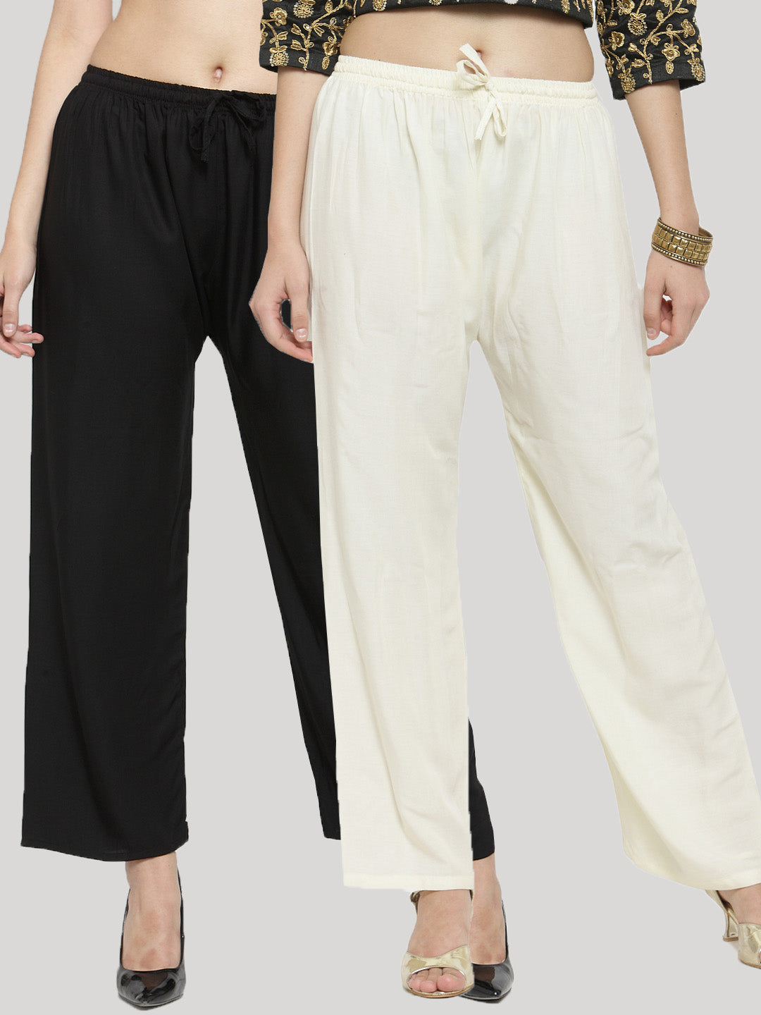 Women's Solid Black & Off-White Rayon Palazzo (Pack Of 2) - Wahe-NOOR