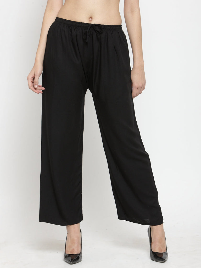 Women's Solid Black & Off-White Rayon Palazzo (Pack Of 2)