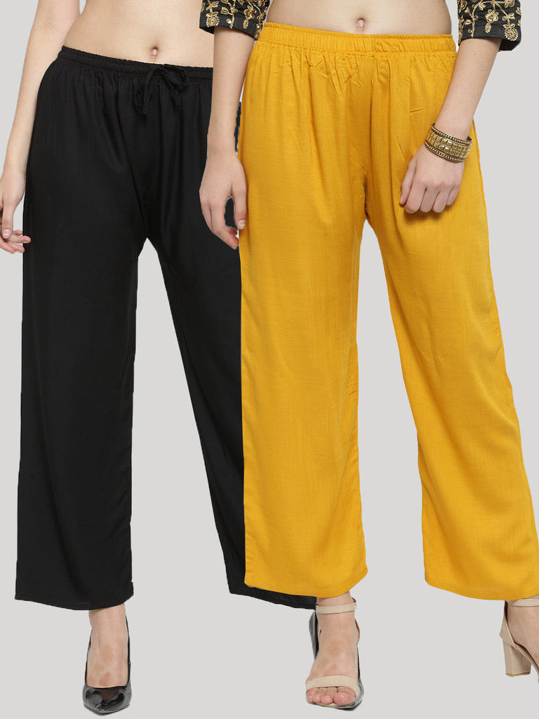 Women's Solid Black & Mustard Rayon Palazzo (Pack Of 2)