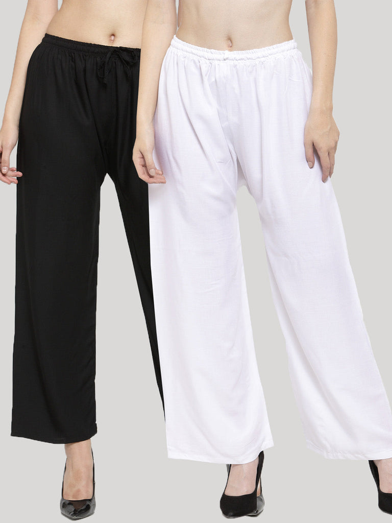 Women's Solid Black & White Rayon Palazzo (Pack Of 2)