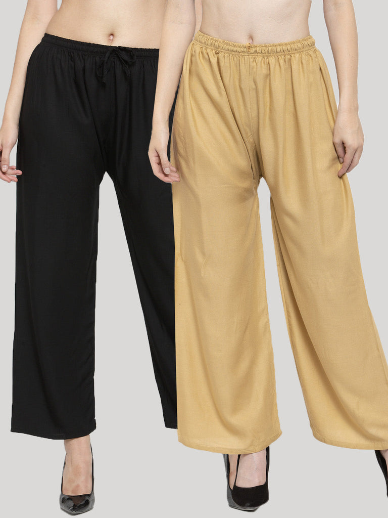 Women's Solid Black & Fawn Rayon Palazzo (Pack Of 2)