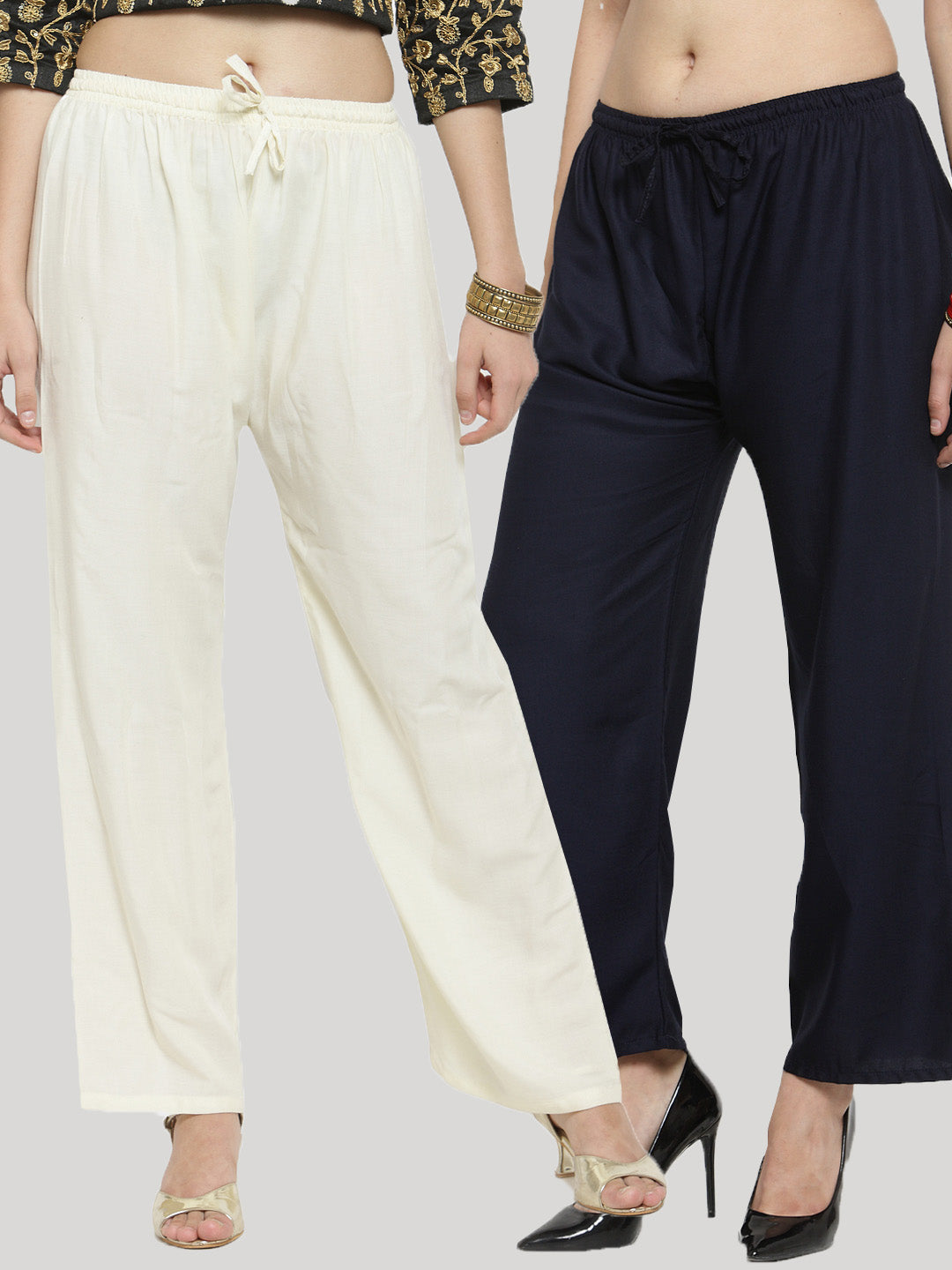 Women's Solid Off-White & Navy Blue Rayon Palazzo (Pack Of 2) - Wahe-NOOR