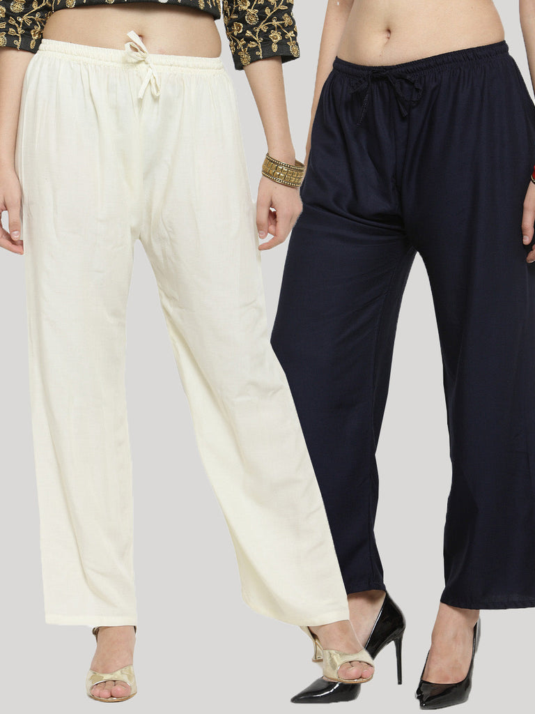 Women's Solid Off-White & Navy Blue Rayon Palazzo (Pack Of 2)