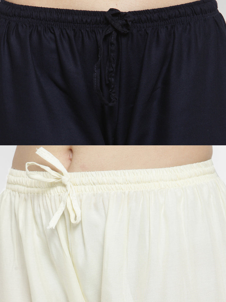 Women's Solid Off-White & Navy Blue Rayon Palazzo (Pack Of 2)