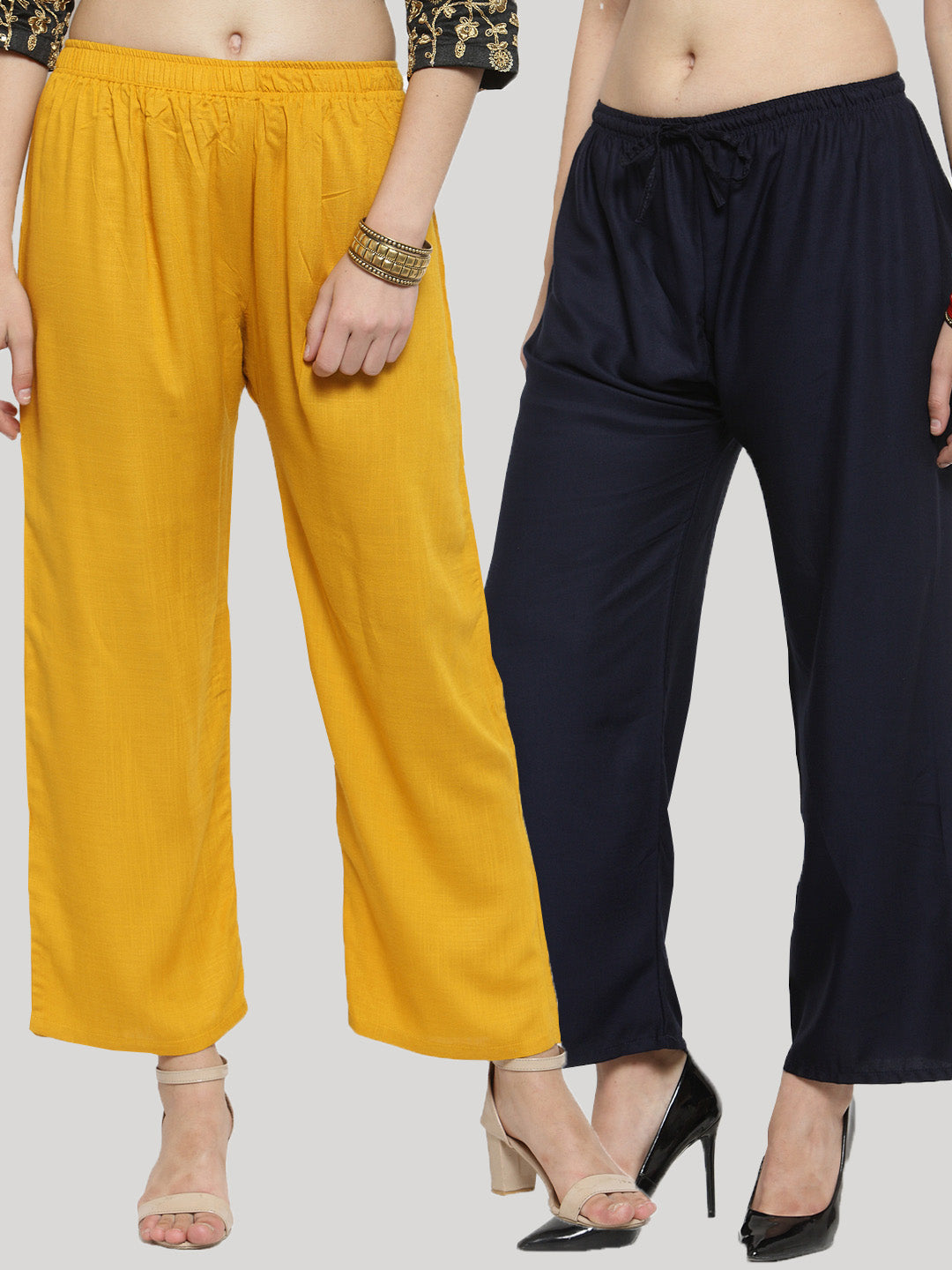 Women's Solid Mustard & Navy Blue Rayon Palazzo (Pack Of 2)