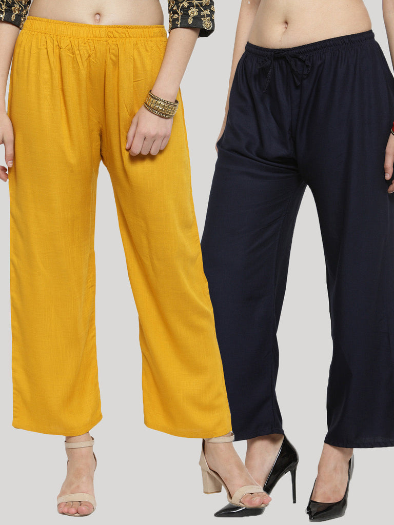 Women's Solid Mustard & Navy Blue Rayon Palazzo (Pack Of 2)