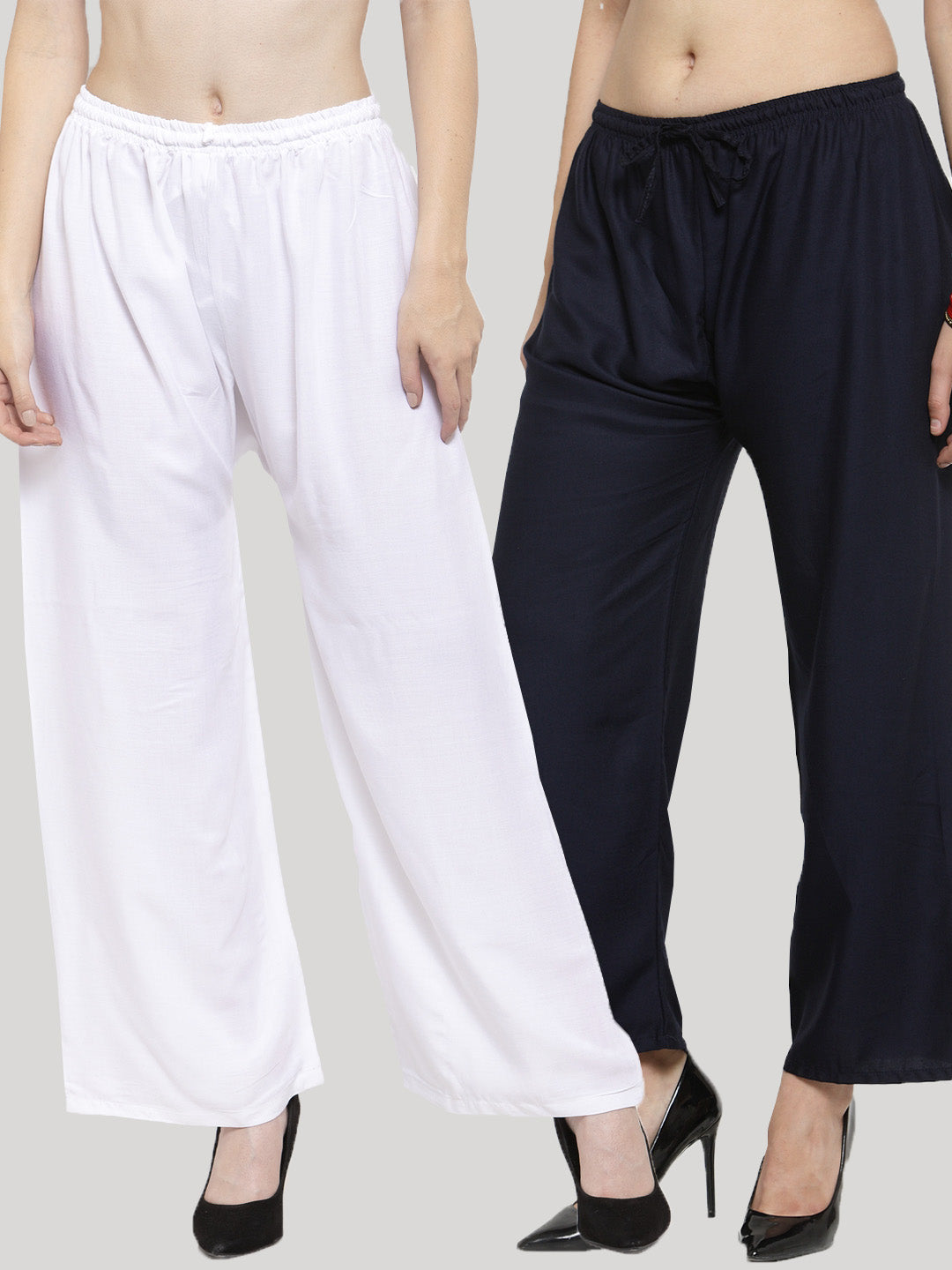 Women's Solid White & Navy Blue Rayon Palazzo (Pack Of 2) - Wahe-NOOR