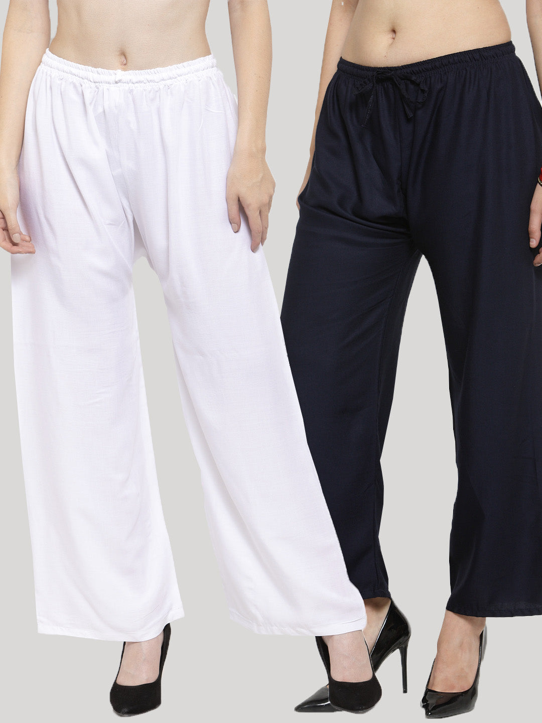 Women's Solid White & Navy Blue Rayon Palazzo (Pack Of 2)