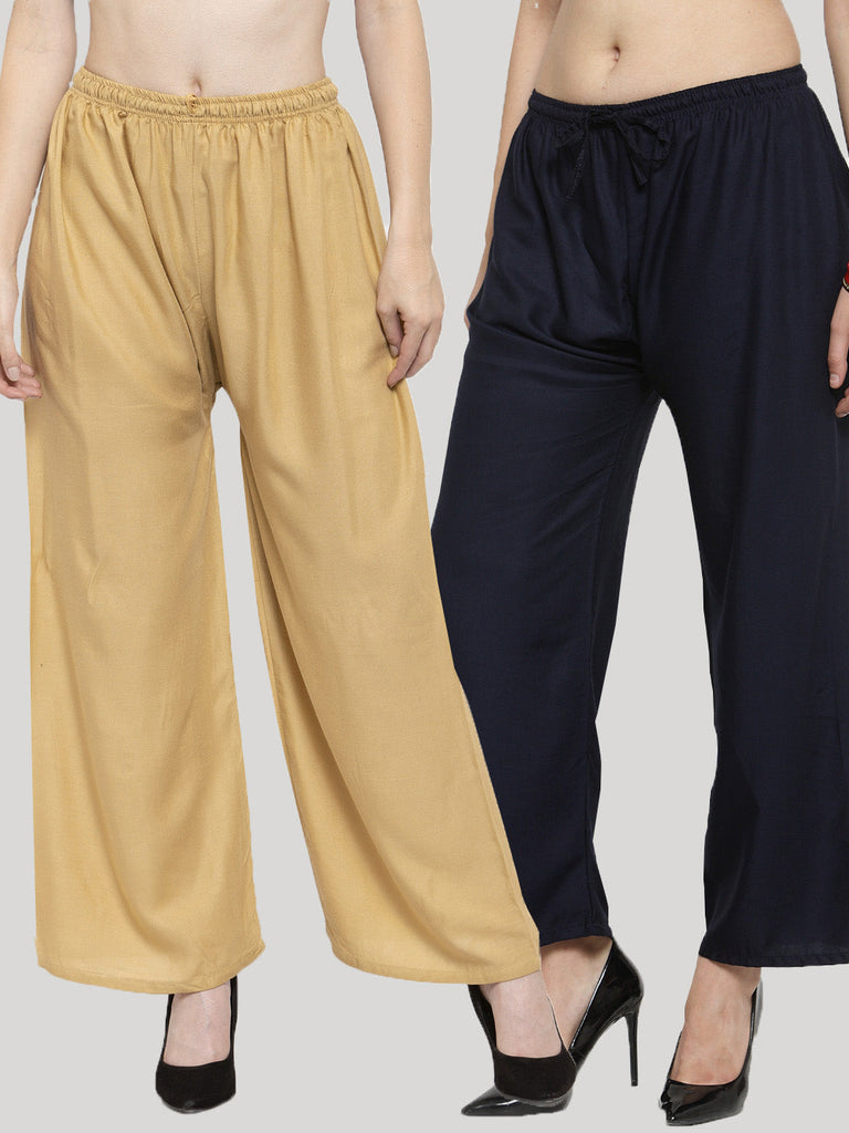 Women's Solid Fawn & Navy Blue Rayon Palazzo (Pack Of 2)