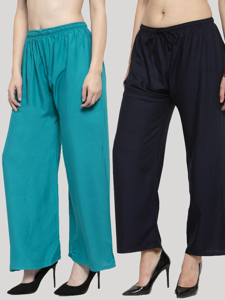 Women's Solid Turquoise & Navy Blue Rayon Palazzo (Pack Of 2)
