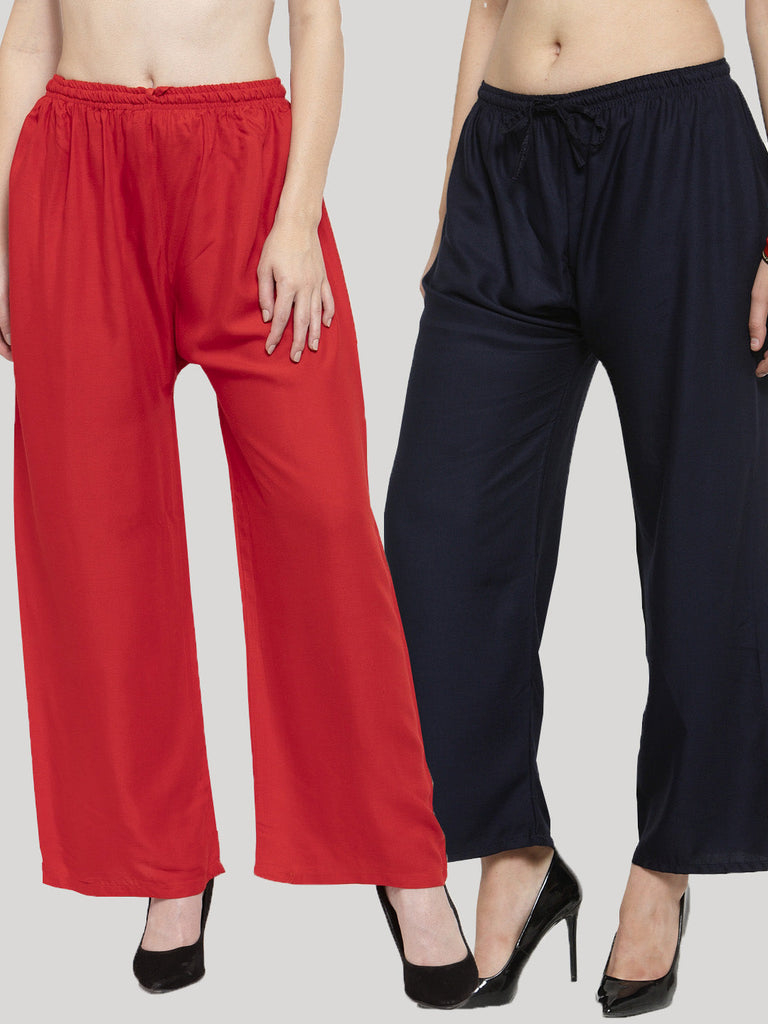 Women's Solid Black & Red Rayon Palazzo (Pack Of 2)
