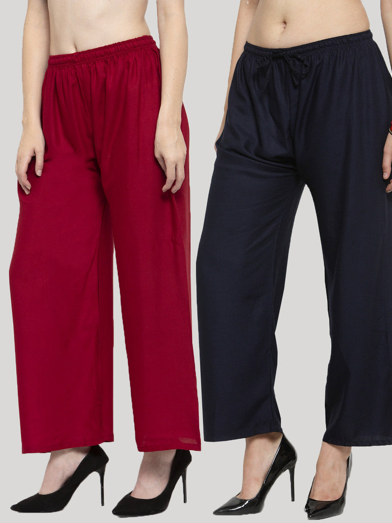 Women's Solid Black & Maroon Rayon Palazzo (Pack Of 2)