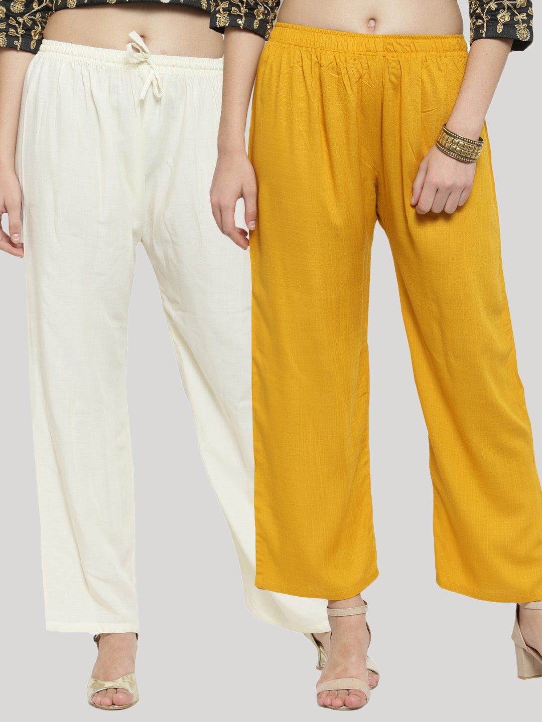 Women's Solid Off-White & Mustard Rayon Palazzo (Pack Of 2) - Wahe-NOOR
