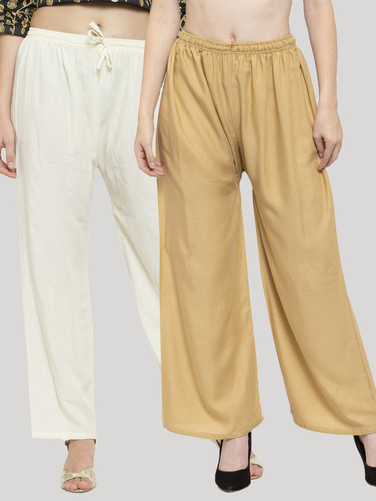 Women's Solid Off-White & Fawn Rayon Palazzo (Pack Of 2)